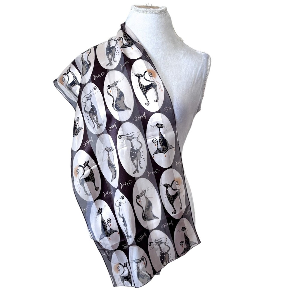 Silk Feel Womens MCM Whimsical Cat Scarf OS Brown Cream Sheer Fishbone Accessory